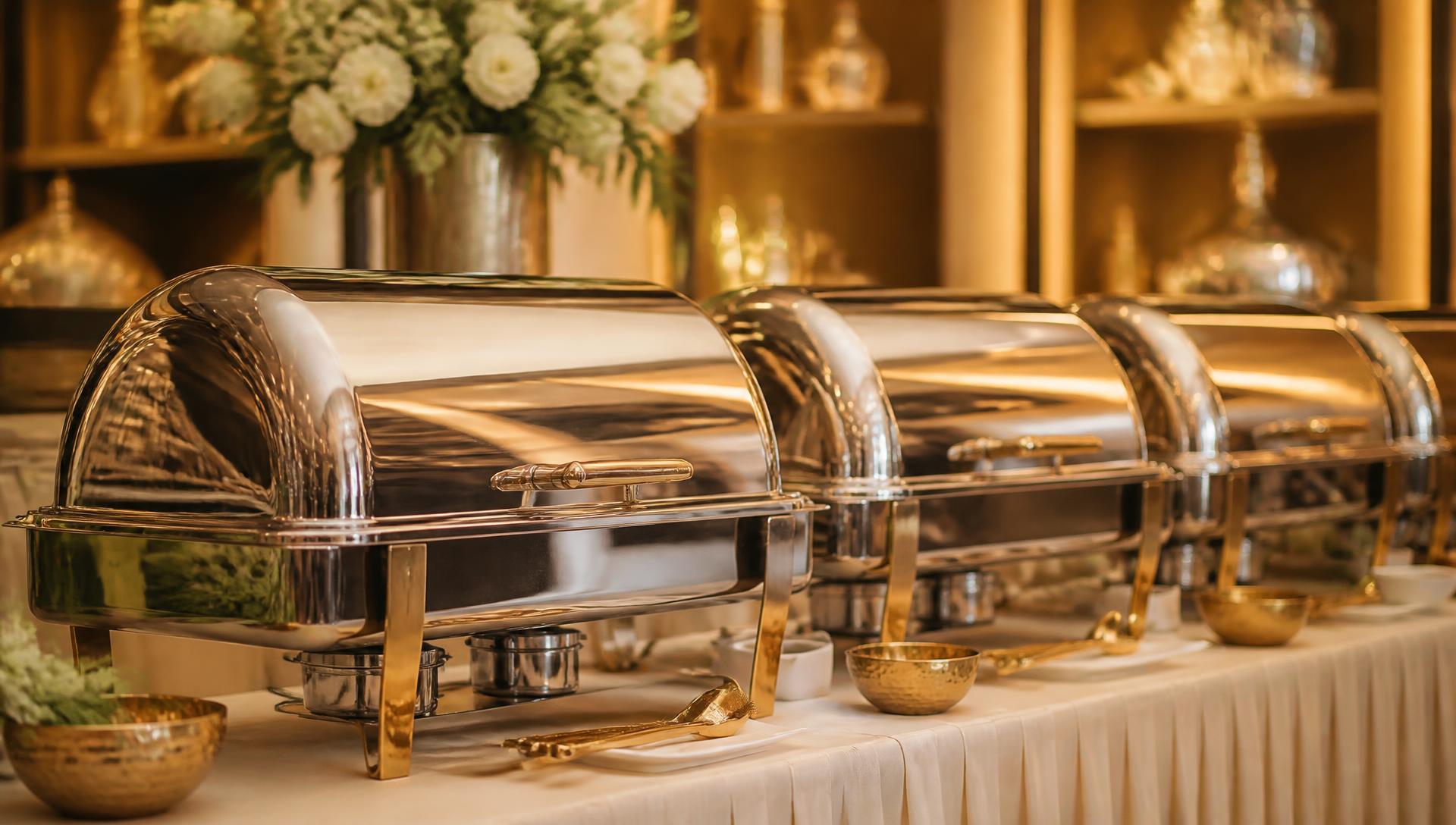 Polished roll-top chafing dishes along a buffet table